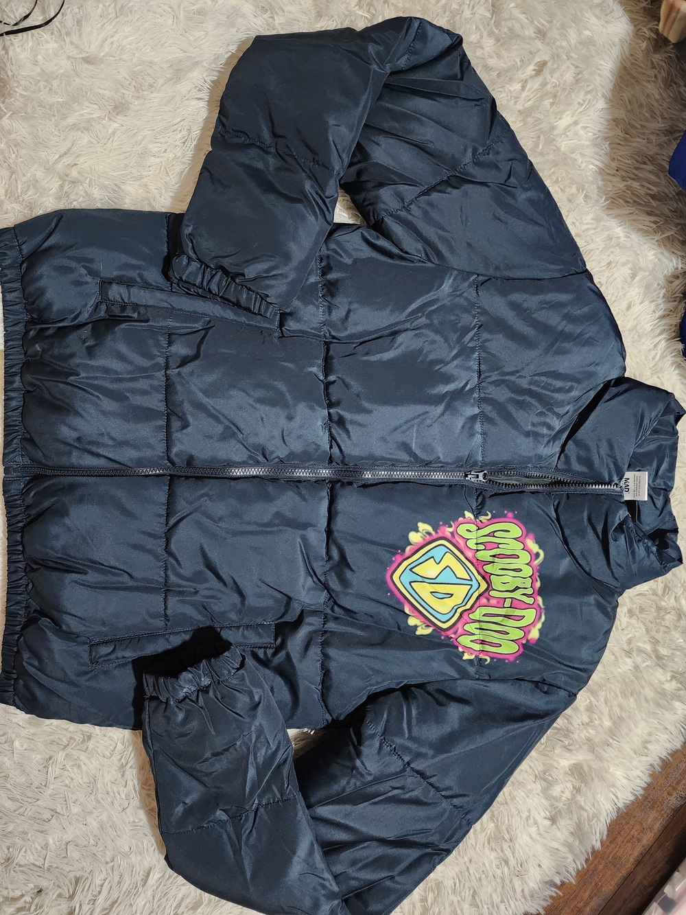 Mens Navy Puffer Jacket with Colorful Logo